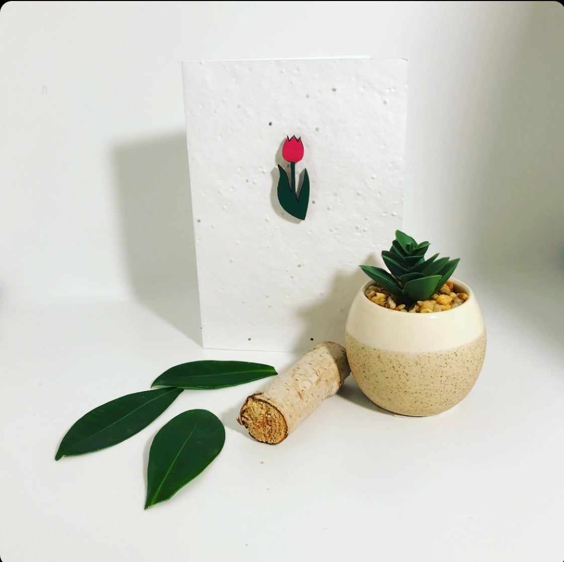Seeded, plantable greeting card. With hand painted, pink and green wooden 'tulip' motif.