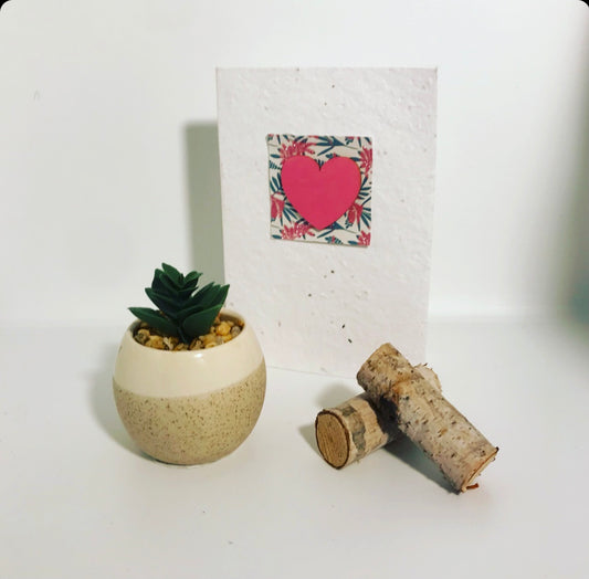 Seeded all occasions card. Embellished with wooden, hand painted, pink heart, with embossed pattern background..